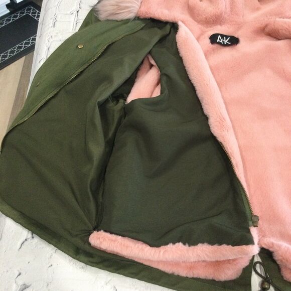 A+K Jacket Parka Women’s Size L Green Pink Removable Faux Fur Lining & Hood - Picture 8 of 12